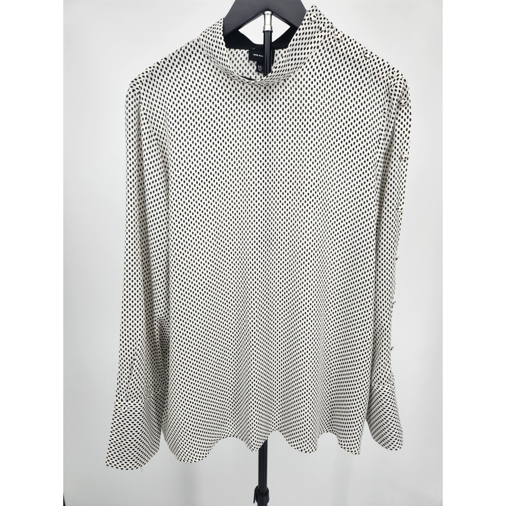 Who What Wear Womens XXL Polka Dot Mock Neck Button Shoulder Blouse Black White